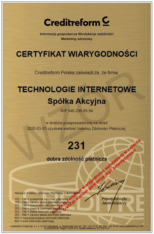 Creditreform Polska - Certyfikat wiarygodności dla firmy Technologie Internetowe S.A.